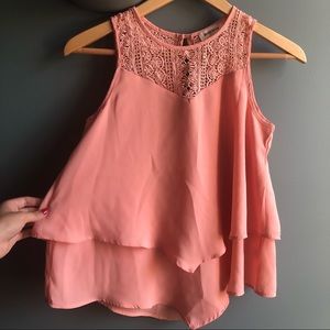 Peach layered top with lace neckline